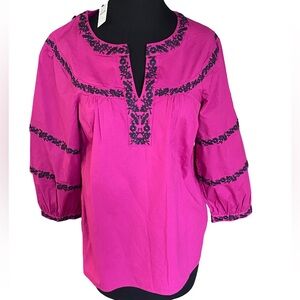 NWT Talbots fuschia embroidered puff sleeve peasant split neck blouse size small
